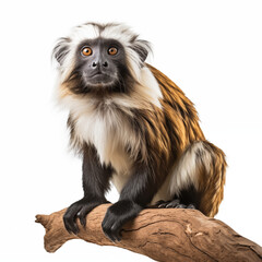 Obraz premium Cotton-Top Tamarin Perched On Wooden Branch On White Background
