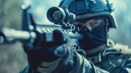 A person wearing a helmet and holding a rifle