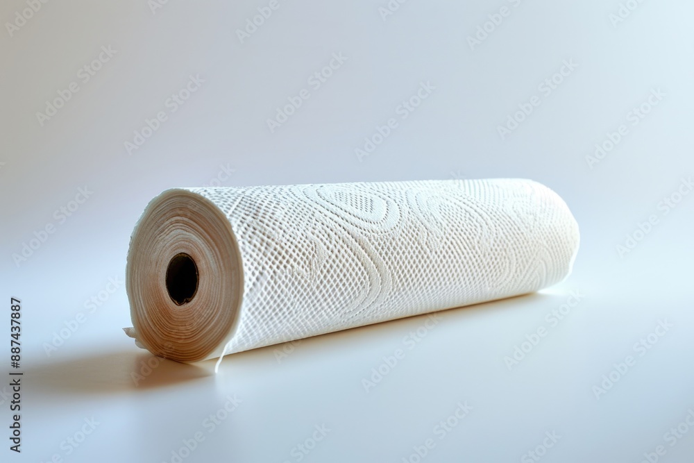 Poster A single roll of toilet paper resting on a table surface, ready for use