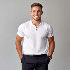 Fototapeta premium Smiling Athletic Man In White Polo Shirt And Black Pants Isolated On Gray Background