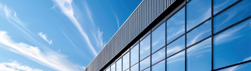 Modern glass office building with blue sky and clouds reflecting in windows, showcasing contemporary architecture and clean design.