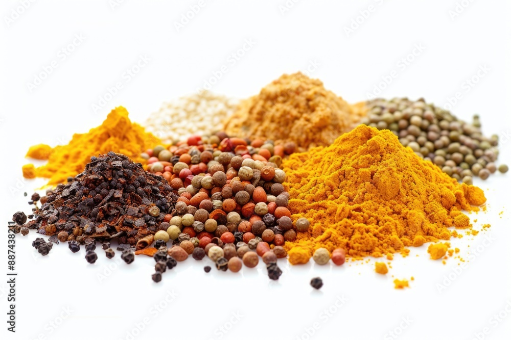 Poster a collection of various spices on a white surface, suitable for use in photography or cooking illust