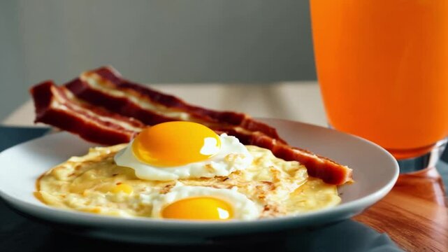 A plate with two fried eggs, crispy bacon, and hash browns, with a glass of orange juice in the background.