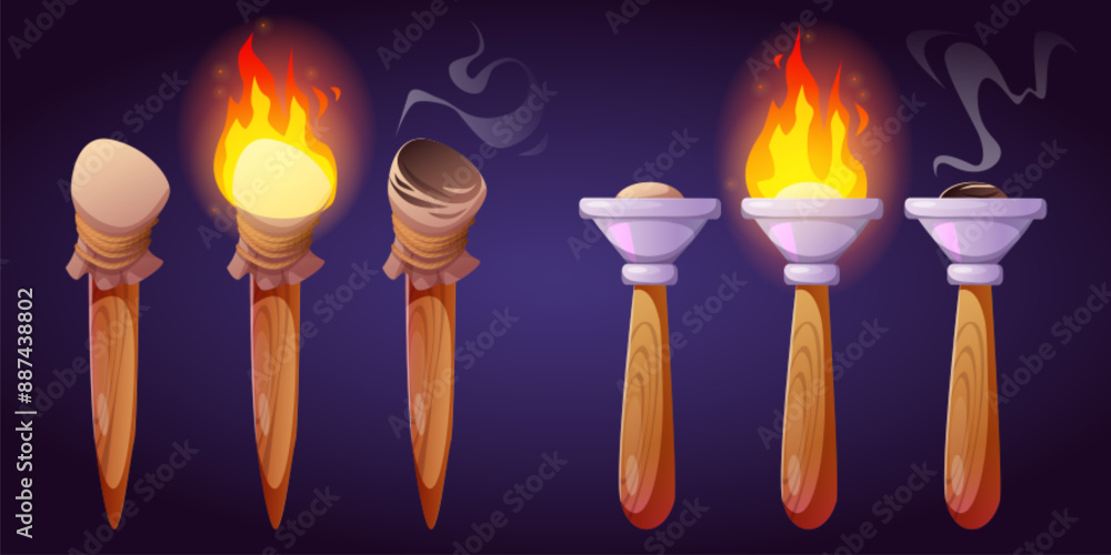 Poster different shape torch ready to use, burning with fire and extinguished with smoke. cartoon vector il