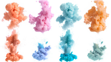 Fototapeta premium Set of colorful smoke explosions and blasts isolated on white background