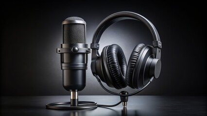 High-quality studio setup featuring a professional microphone and headphones on a sleek black background, perfect for audio production.