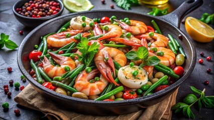 Savory shrimps sizzling with fresh sprig beans on a dark kitchen counter, ready for a healthy seafood culinary delight.