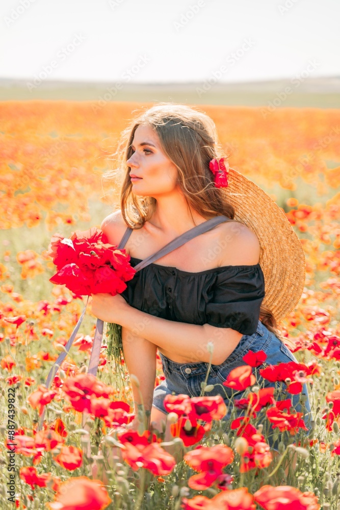 Canvas Prints woman poppies field. portrait happy woman with long hair in a poppy field and enjoying the beauty of