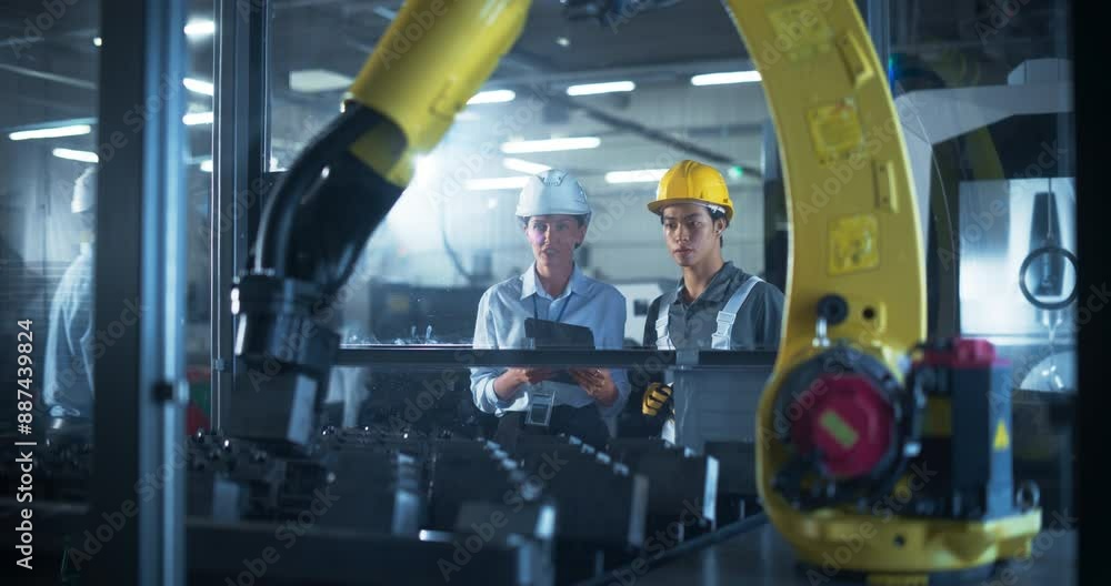 Leinwandbilder Diverse Female and Male Technicians Operating an Advanced Robotic Arm at a Modern Industrial Facility. Professional Machinery Operators Use Tablet to Program the Robot Hand for Production Line