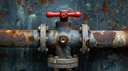 Close up of old water valve and steel plumbing joint with red knob space for text
