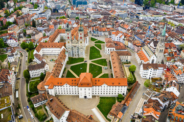 St Gallen, Switzerland: Aerial drone view of the famous Saint Gallen historic old town with it famous Abbey of Saint Gall, now a cathedral, in Switzerland.