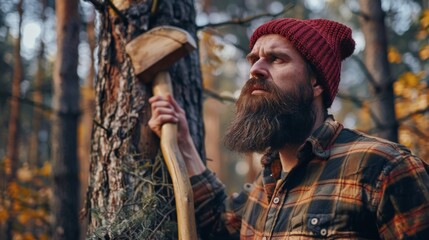 A bearded lumberjack stands in the woods, holding an axe, gazing thoughtfully into the distance. The autumn leaves are changing colors and the air is crisp
