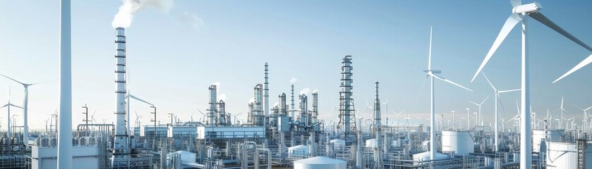 Fototapeta premium Harmony of Energy Sources: Oil Refinery and Wind Turbines in Realistic Detail