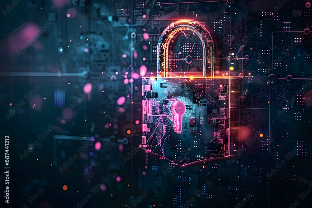 Poster secure padlock cyberspace abstract tech digital illustration background
