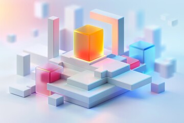Obraz premium Abstract Futuristic 3D Render Minimalistic Style with Floating Geometric Shapes Isometric Design, Light Color Theme, Bright Background, and Soft Lighting