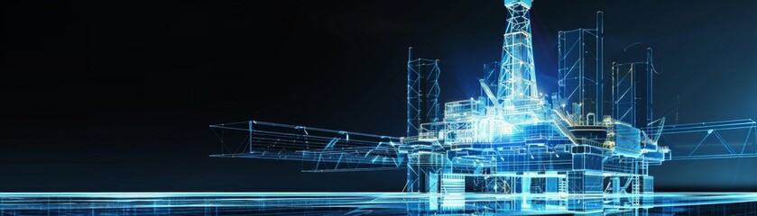 Futuristic High-Tech Oil Drilling Rig Digital Blueprint in Blue and White Tones