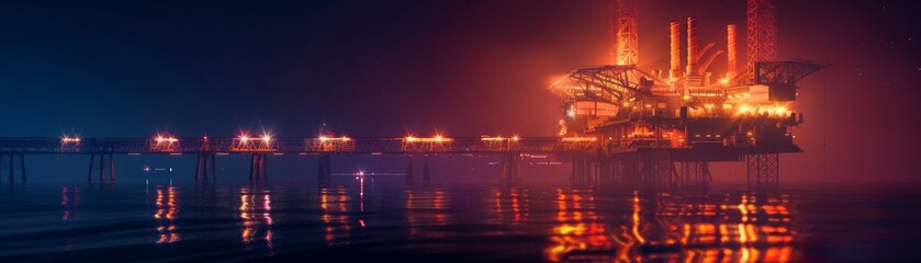 Obraz premium Cyberpunk Illumination: Night View of Neon Lit Oil Rig with High Contrast Setting