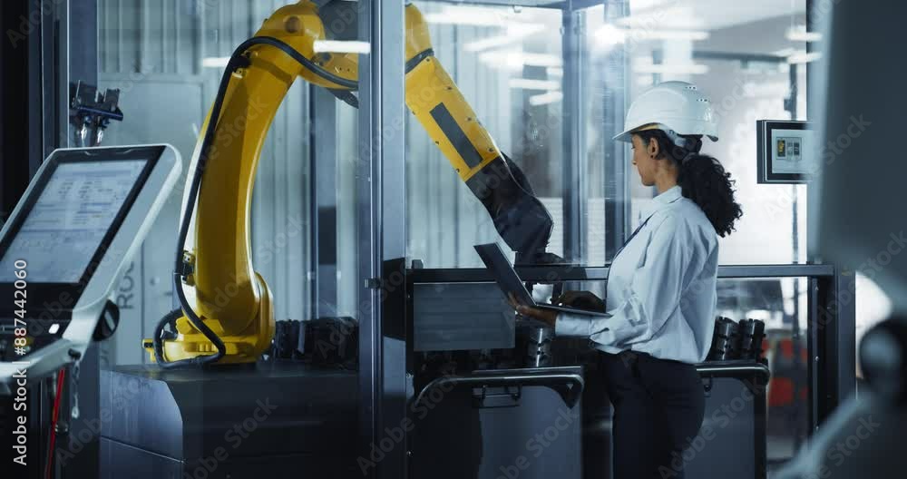 Aufkleber industrial engineer at work. hispanic female using laptop computer to monitor a robotic arm in a hig