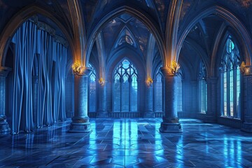 A spacious room with columns and windows providing natural light