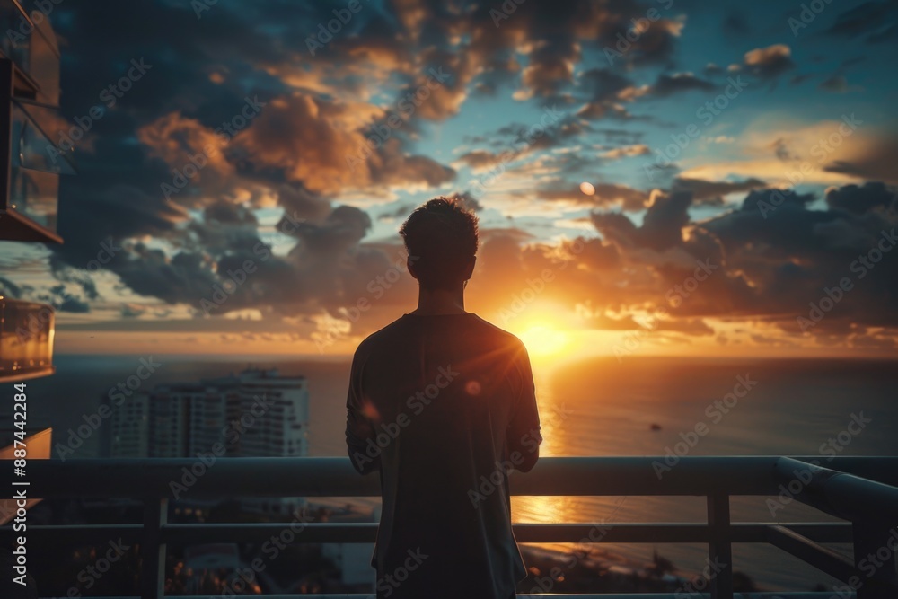 Poster a person enjoying the view of a beautiful sunset from a balcony, potentially with a sense of relaxat