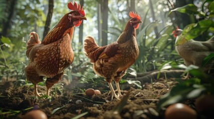 Fototapeta premium Two chickens laying eggs in the plantation