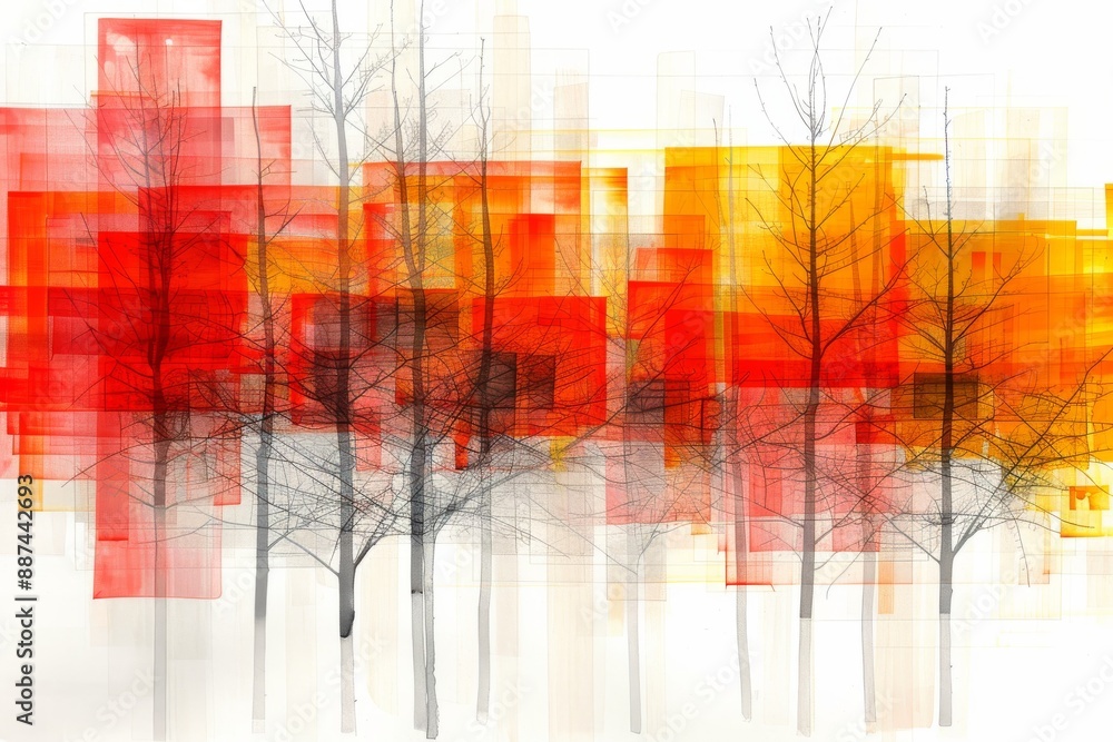 Poster abstract autumnal forest scene with layered geometric shapes in warm hues creating a modern and dyna