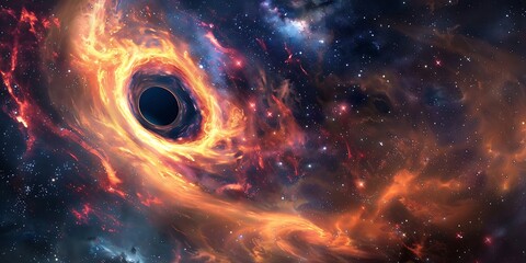 Evocative and visually captivating illustration of a black hole surrounded by a swirling, luminous accretion disk. Astronomical artwork