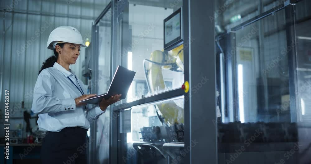 Poster hispanic female engineer using laptop computer to control a robotic arm at a metal components produc