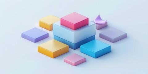 Fototapeta premium Abstract Futuristic 3D Render Minimalistic Style with Floating Geometric Shapes Isometric Design, Light Color Theme, Bright Background, and Soft Lighting