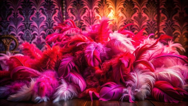 Luxurious red and pink fuchsia boa feathers sprawl elegantly on a lavish art deco retro background, evoking vintage burlesque mystique.