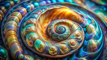 Vibrant abstract swirls on a photorealistic abalone shell with mesmerizing spiral patterns, shimmering iridescence, and intricate, lifelike details.