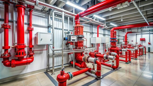 Modern industrial control room featuring red piping and valves for fire suppression system maintenance check, fire pump controller prominent.
