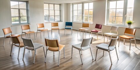 Fototapeta premium Empty chairs in a circle, symbolizing unity and trust, await participants in a group therapy session, promoting emotional support and connection among individuals.