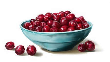 A bowl of cranberries, food element, hyperrealistic illustration, vibrant colors, isolated on white background