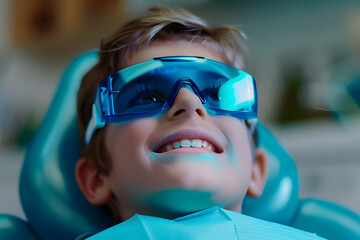 boy wearing dental protective blue glasses smiling while lying in the dentist chair, waiting for teeth cleaning at children's clinic during medical checkup