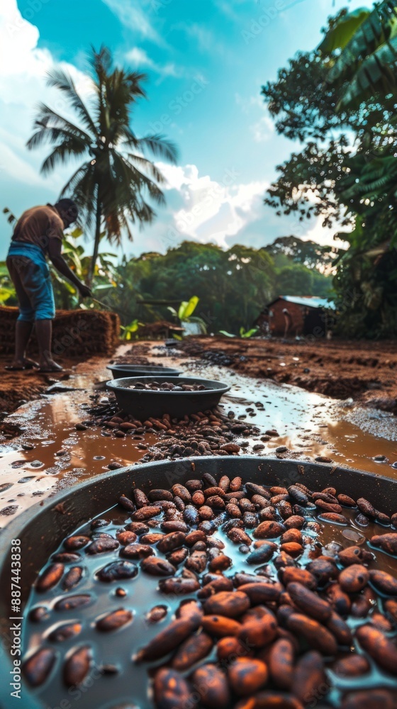 Poster A worker sorts cocoa beans in a large basin, surrounded by other basins filled with the brown seeds, under a clear blue sky. Lush greenery and a palm tree fill the background