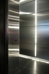 modern minimalist wall panels, stainless steel, close-up, linear lights, lighting strips, white and grey color scheme, dark floor 