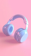 Naklejka premium Blue headphones are floating against a soft pink background. The headphones are positioned at an angle, showcasing their details and vibrant color