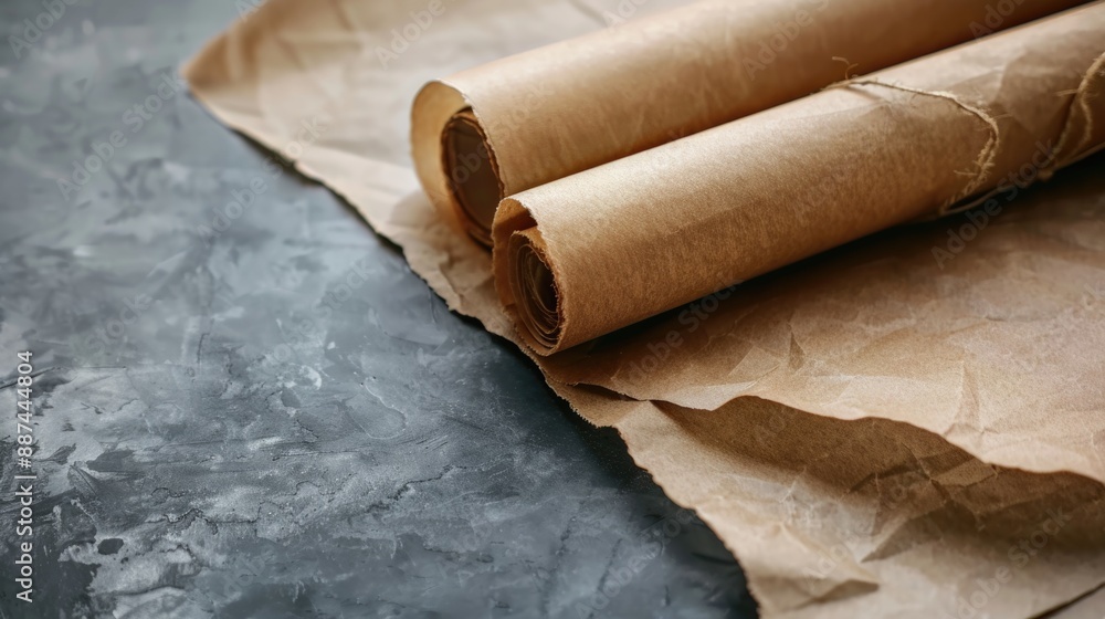Poster A close-up shot of several rolls of brown paper stacked on a table, with no additional context