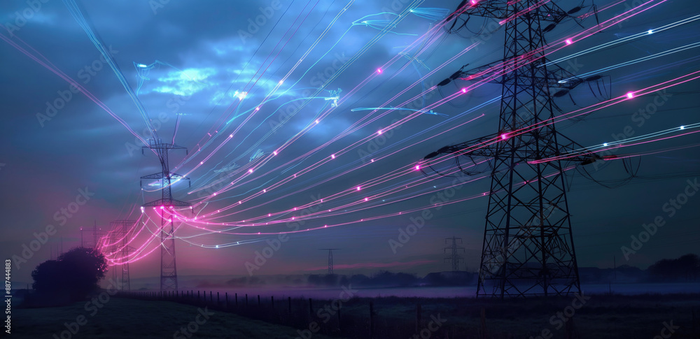 Poster power lines at dusk with glowing data streams illustrating telecommunications and power distribution