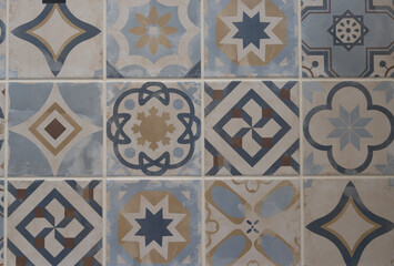 background seamless texture of old stone wall Azulejo patchwork tile surface header in web panorama