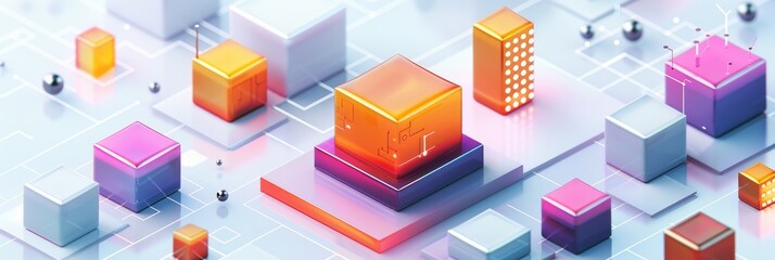 Fototapeta premium Abstract Futuristic 3D Render Minimalistic Style with Floating Geometric Shapes Isometric Design, Light Color Theme, Bright Background, and Soft Lighting