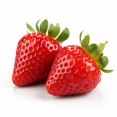 Pair of Juicy Strawberries with Green Leaves on White Background Ideal for Fresh and Healthy Fruit Ideas