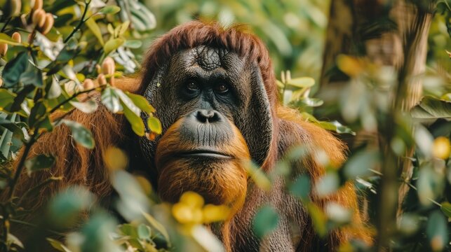 A Tapanuli orangutan gazes intently from behind a curtain of dense tropical foliage, its fur blending seamlessly with the verdant background