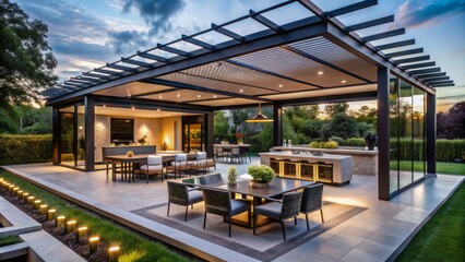 Obraz premium Modern black steel and glass pergola with open air kitchen and dining table surrounded by comfortable outdoor seating in mansion backyard.