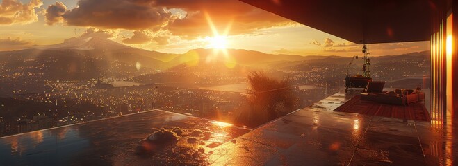 Breathtaking sunset view from modern balcony overlooking expansive cityscape with mountains in the background, under dramatic clouds.