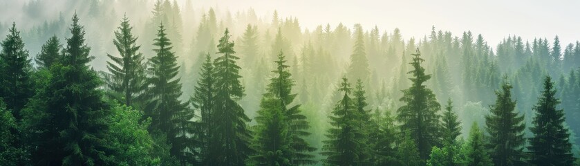 Serene forest landscape during sunrise, featuring lush green pine trees and a misty atmosphere for nature-themed projects and backgrounds.
