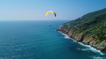 Soaring high above the sea, the paraglider is a speck of color against the vast blue canvas of the ocean