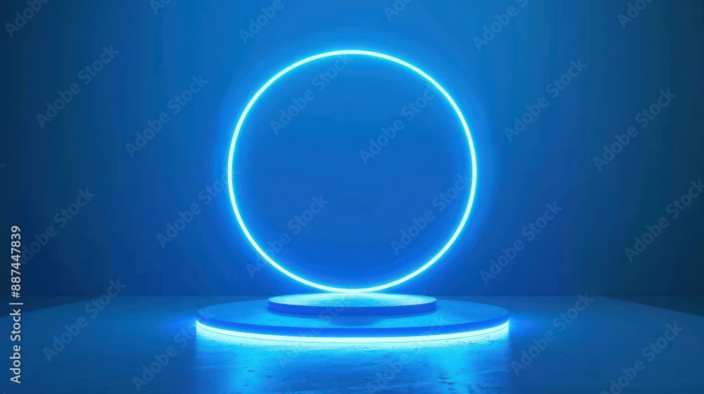 Poster blue podium with a bright glowing blinking neon circle. futuristic showcase with platform for produc