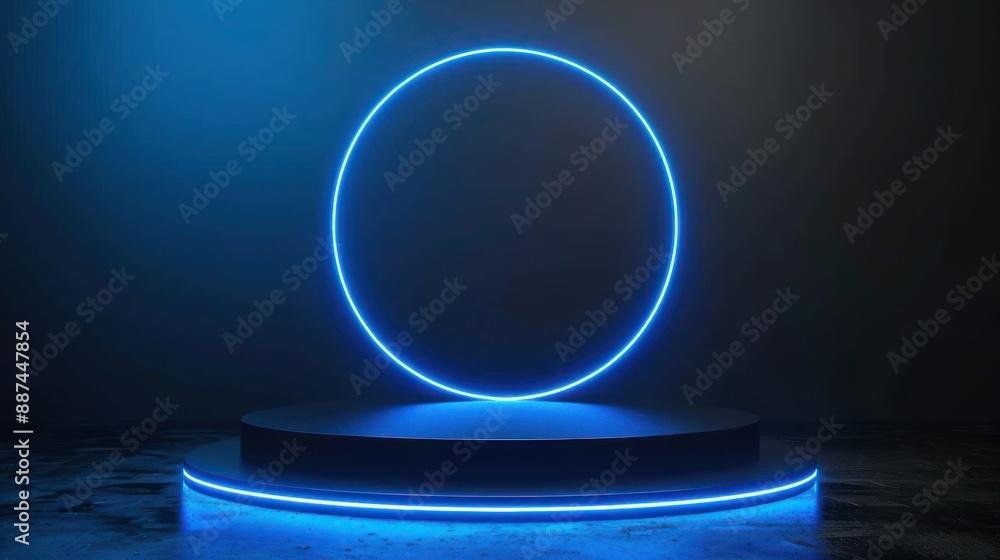 Poster blue podium with a bright glowing blinking neon circle. futuristic showcase with platform for produc